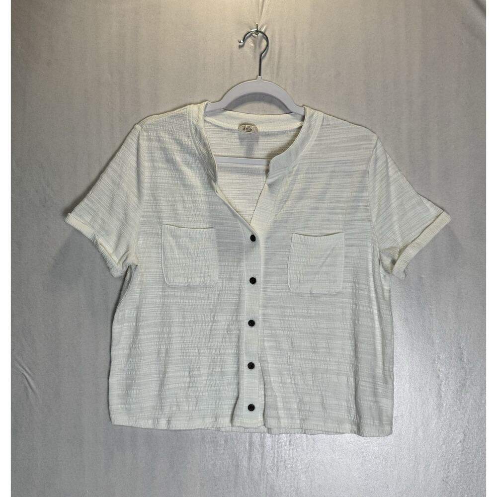 Greige Womens Ivory Slub Texture Button Top Coastal Chic Lagenlook Minimal Sz L